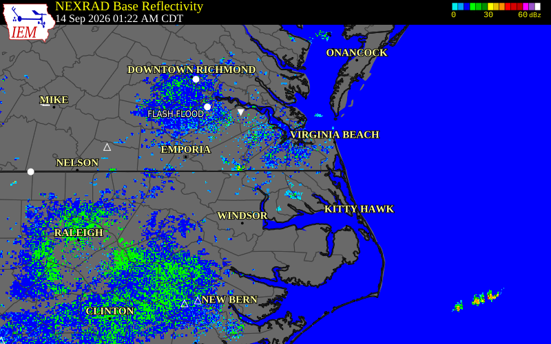 Current NEXRAD radar over Suffolk County, Virginia with recent storm report locations