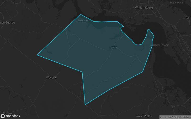 Map of Surry County, Virginia showing the county boundary and surrounding cities