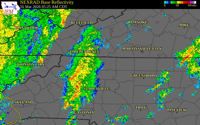 NEXRAD radar during the Monday, March 16, 2026 storm activity in Surry County, Virginia
