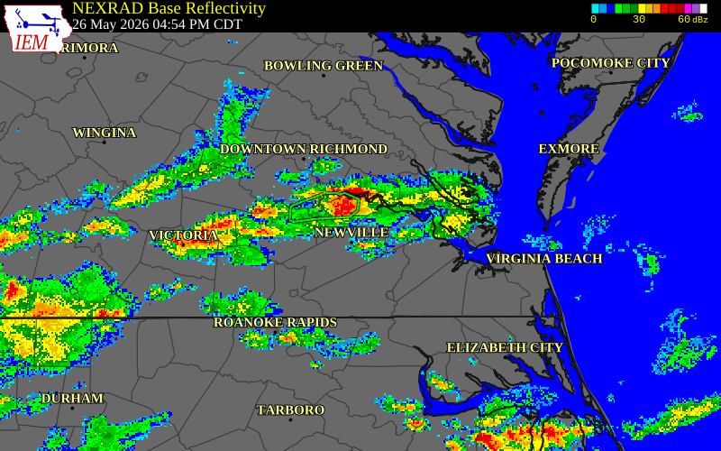 NEXRAD radar during the Tuesday, May 26, 2026 storm activity in Surry County, Virginia