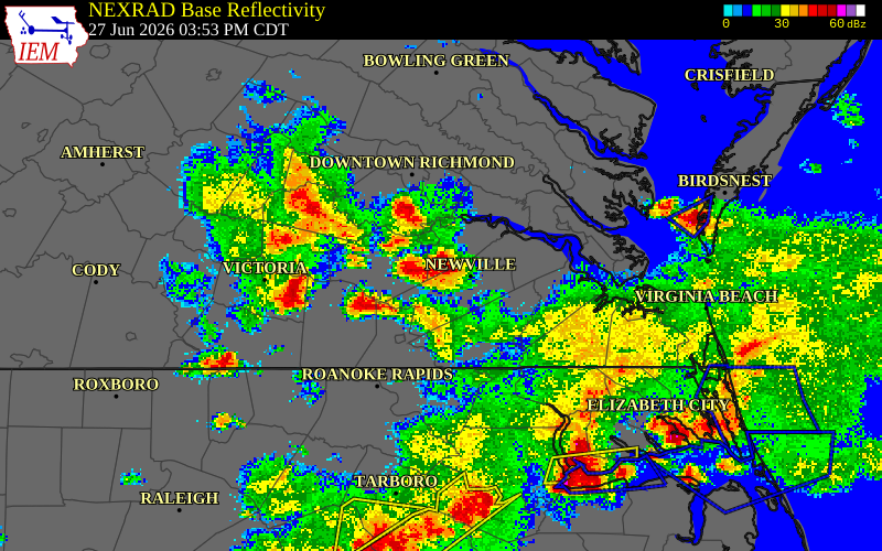 NEXRAD radar during the Saturday, June 27, 2026 storm activity in Surry County, Virginia