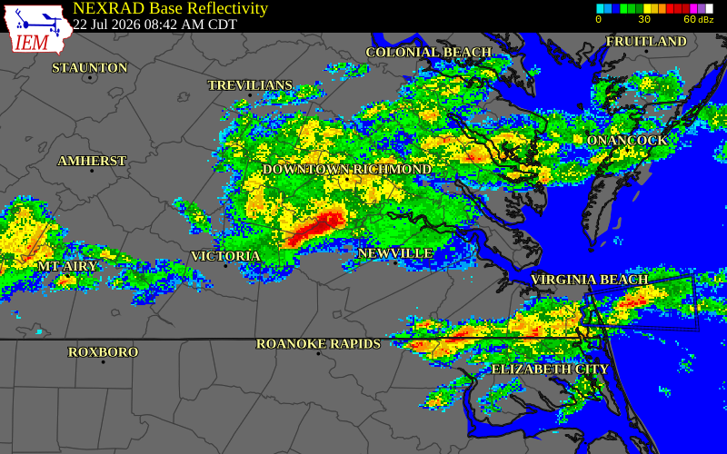 NEXRAD radar during the Wednesday, July 22, 2026 storm activity in Surry County, Virginia