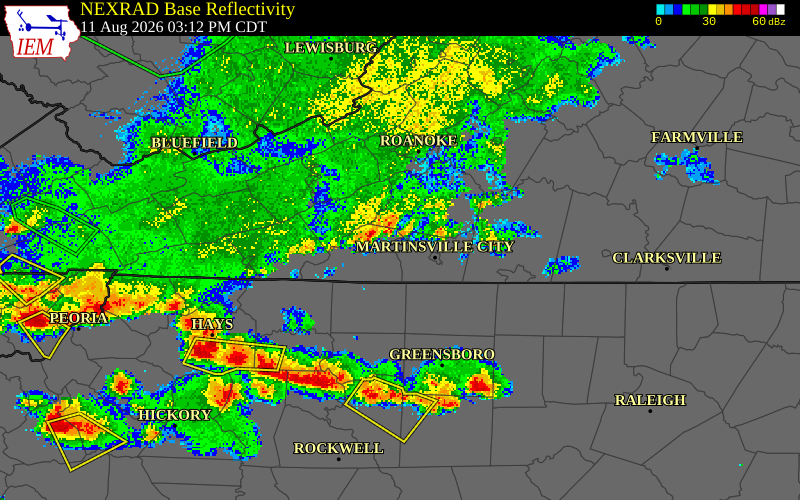 NEXRAD radar during the Tuesday, August 11, 2026 storm activity in Surry County, Virginia