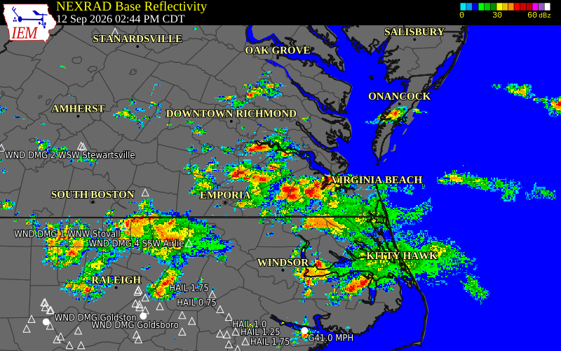 Current NEXRAD radar over Surry County, Virginia with recent storm report locations