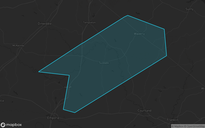 Map of Sussex County, Virginia showing the county boundary and surrounding cities