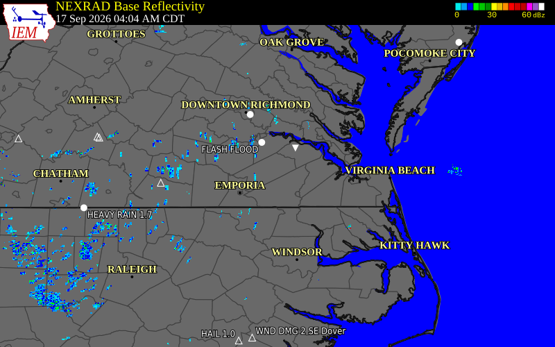Current NEXRAD radar over Sussex County, Virginia with recent storm report locations