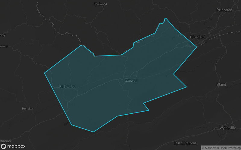 Map of Tazewell County, Virginia showing the county boundary and surrounding cities