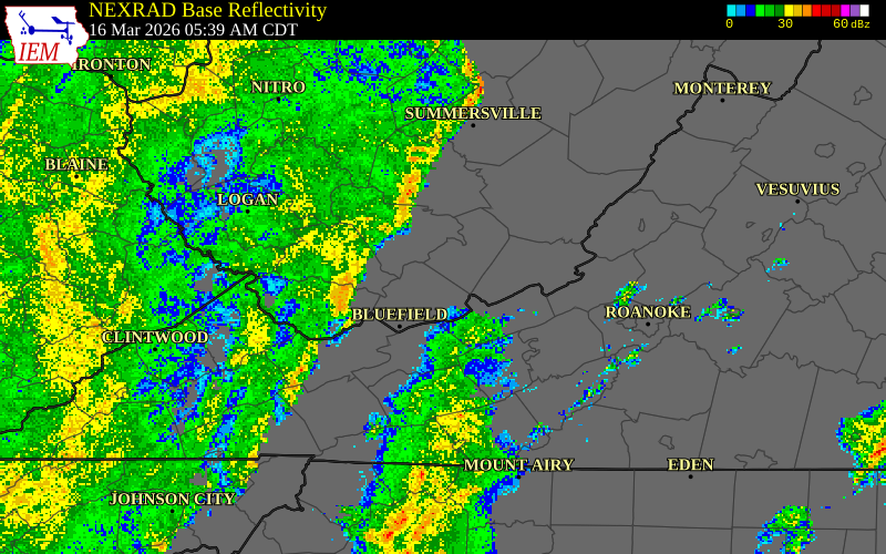 NEXRAD radar during the Monday, March 16, 2026 storm activity in Tazewell County, Virginia