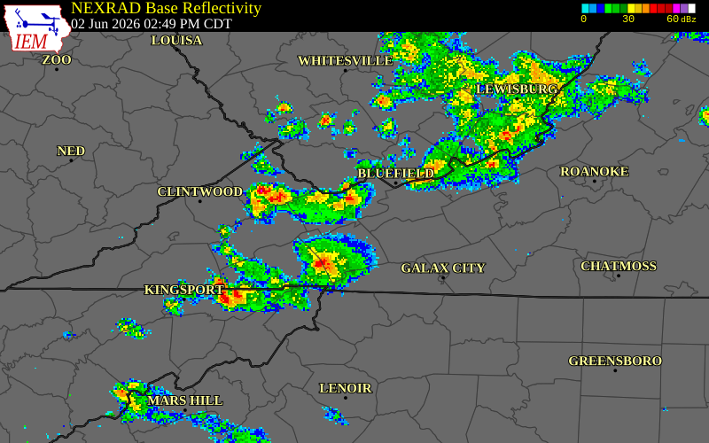 NEXRAD radar during the Tuesday, June 2, 2026 storm activity in Tazewell County, Virginia