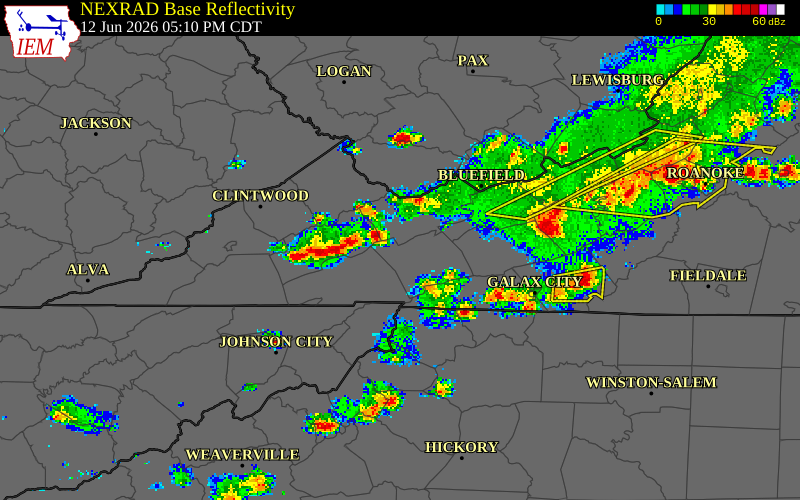 NEXRAD radar during the Friday, June 12, 2026 storm activity in Tazewell County, Virginia