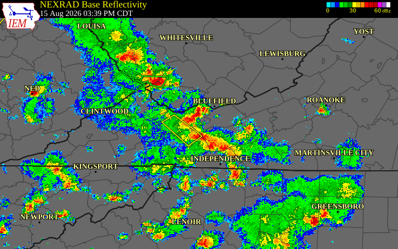 NEXRAD radar during the Saturday, August 15, 2026 storm activity in Tazewell County, Virginia