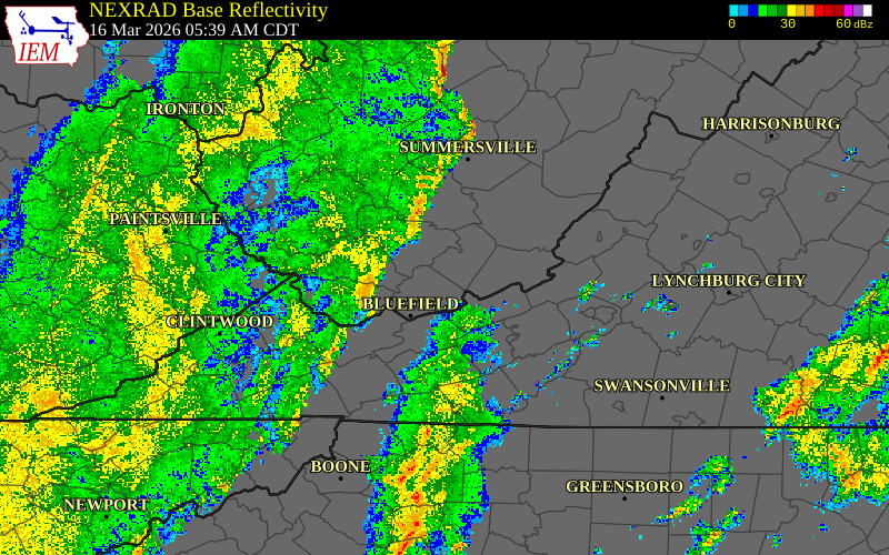 Radar snapshot during the Mar 16, 2026 wind event near Tazewell County, Tazewell County, Virginia, with NWS warning polygons