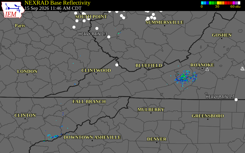Current NEXRAD radar over Tazewell County, Virginia with recent storm report locations