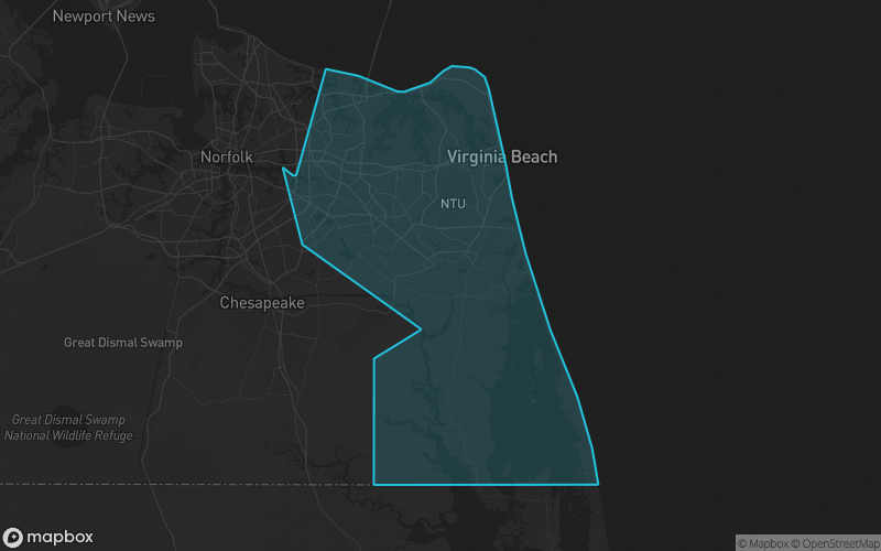Map of Virginia Beach County, Virginia showing the county boundary and surrounding cities