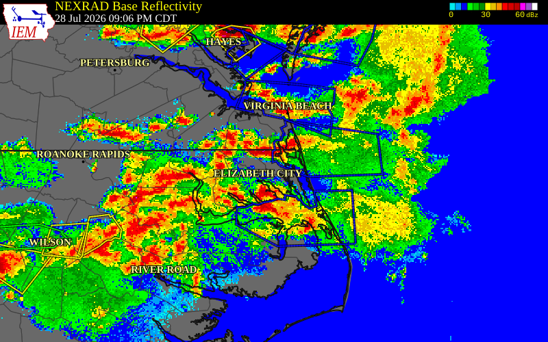 NEXRAD radar during the Tuesday, July 28, 2026 storm activity in Virginia Beach County, Virginia