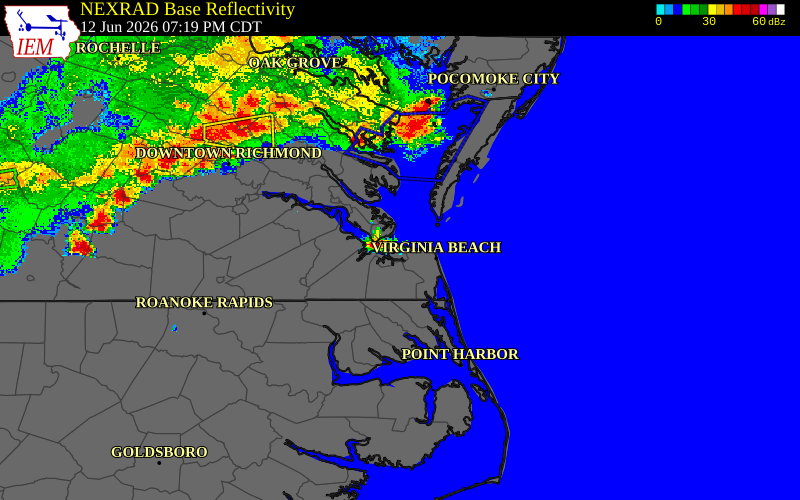 Radar snapshot during the Jun 12, 2026 wind event near Virginia Beach County, Virginia Beach County, Virginia, with NWS warning polygons