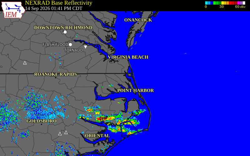 Current NEXRAD radar over Virginia Beach County, Virginia with recent storm report locations
