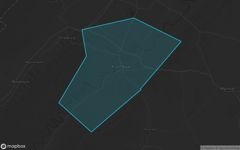 Map of Warren County, Virginia showing the county boundary and surrounding cities