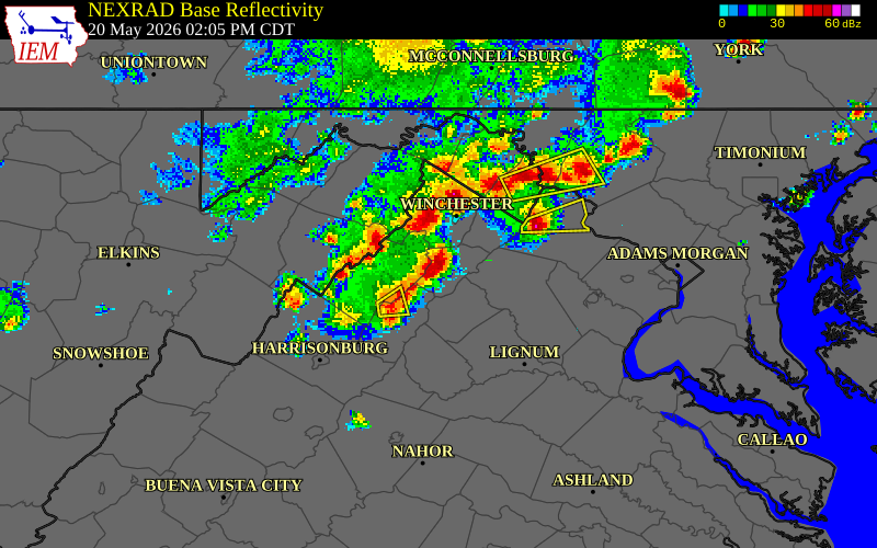 NEXRAD radar during the Wednesday, May 20, 2026 storm activity in Warren County, Virginia