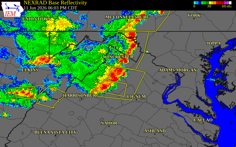 NEXRAD radar during the Thursday, June 11, 2026 storm activity in Warren County, Virginia