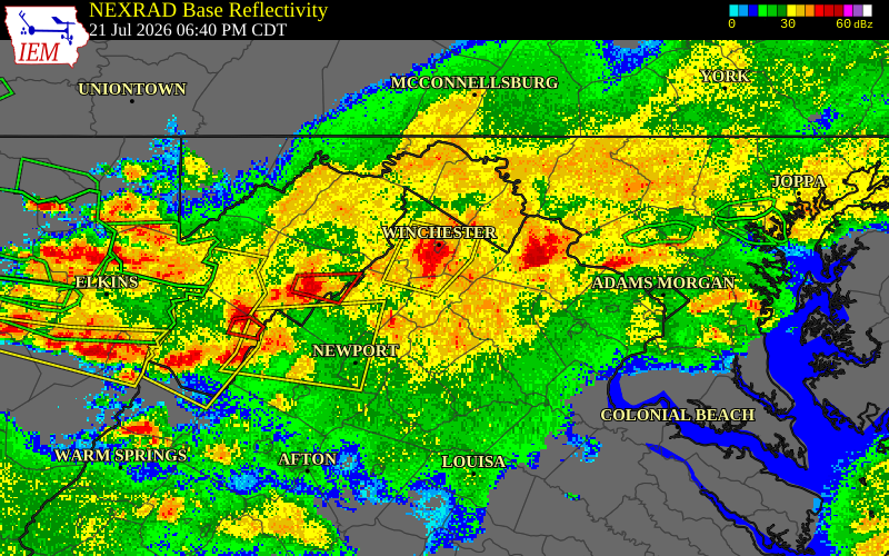 NEXRAD radar during the Tuesday, July 21, 2026 storm activity in Warren County, Virginia