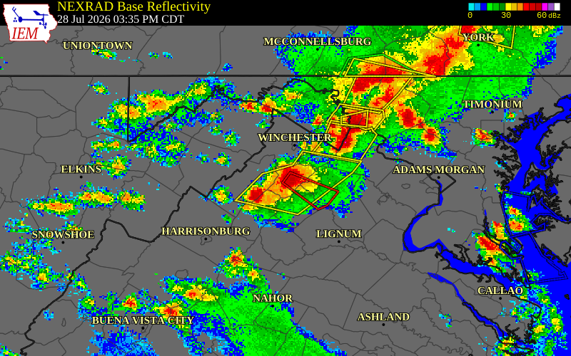 NEXRAD radar during the Tuesday, July 28, 2026 storm activity in Warren County, Virginia