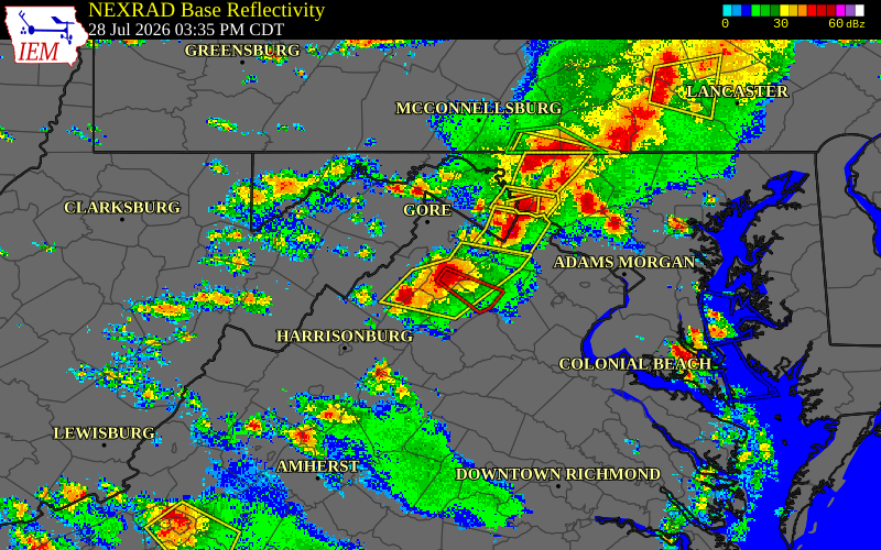 Radar snapshot during the Jul 28, 2026 wind event near Front Royal Airport, Warren County, Virginia, with NWS warning polygons
