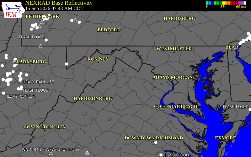 Current NEXRAD radar over Warren County, Virginia with recent storm report locations