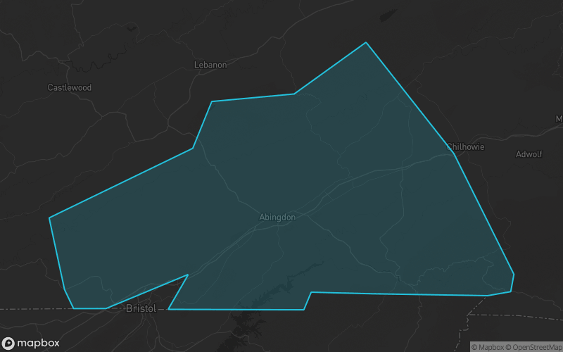 Map of Washington County, Virginia showing the county boundary and surrounding cities