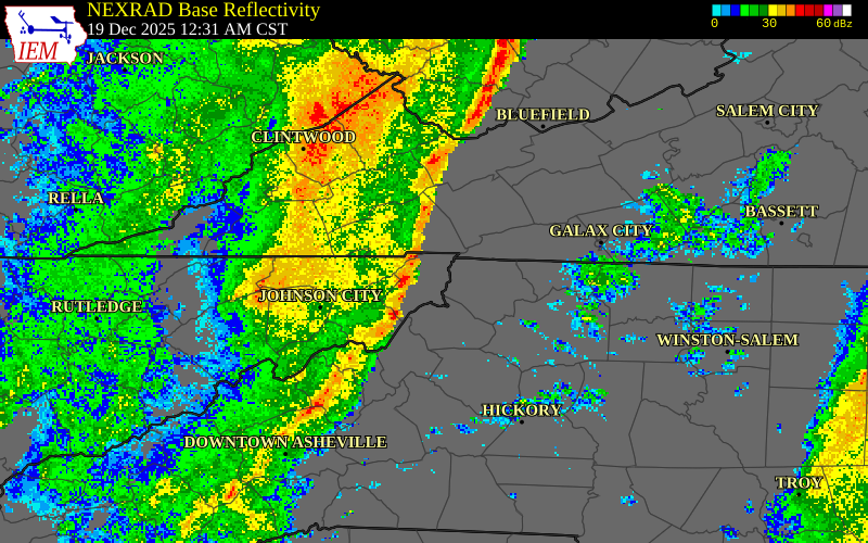 NEXRAD radar during the Friday, December 19, 2025 storm activity in Washington County, Virginia