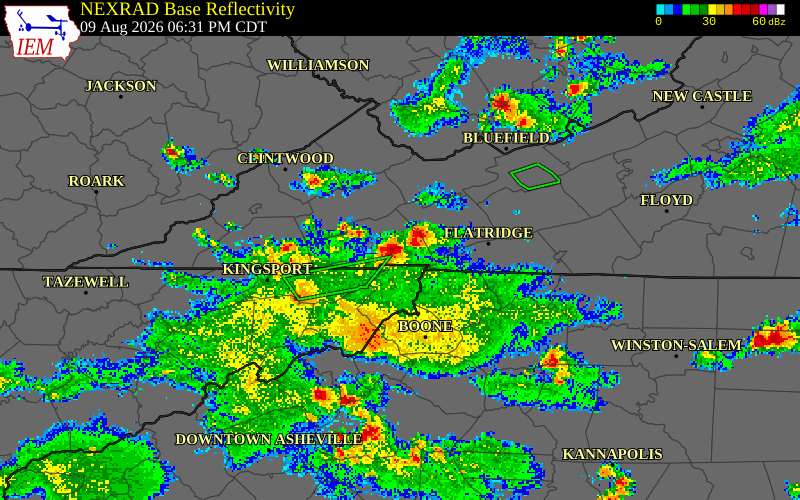 NEXRAD radar during the Sunday, August 9, 2026 storm activity in Washington County, Virginia