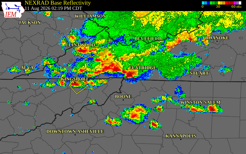 NEXRAD radar during the Tuesday, August 11, 2026 storm activity in Washington County, Virginia