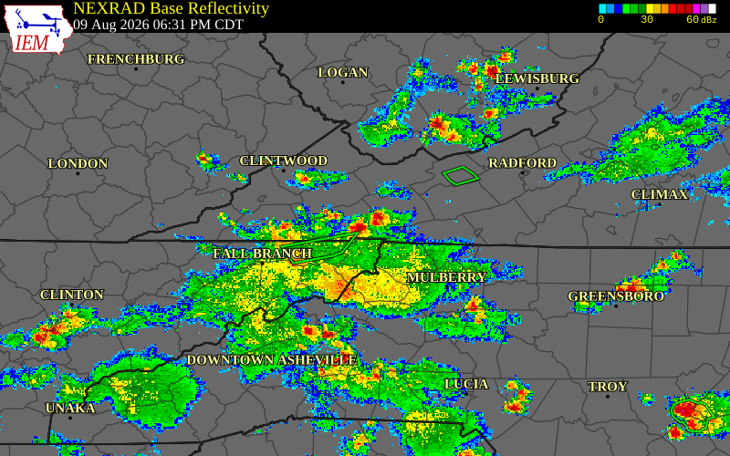 Radar snapshot during the Aug 9, 2026 wind event near Washington County, Washington County, Virginia, with NWS warning polygons