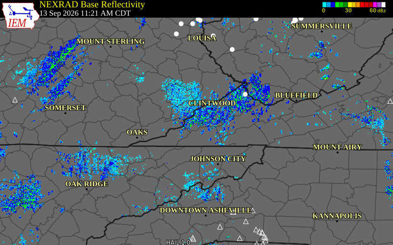 Current NEXRAD radar over Washington County, Virginia with recent storm report locations