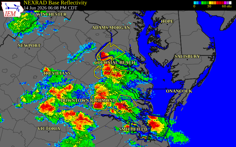 NEXRAD radar during the Sunday, June 14, 2026 storm activity in Westmoreland County, Virginia