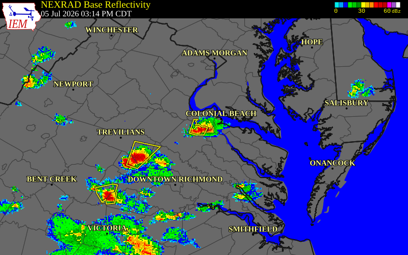 NEXRAD radar during the Sunday, July 5, 2026 storm activity in Westmoreland County, Virginia