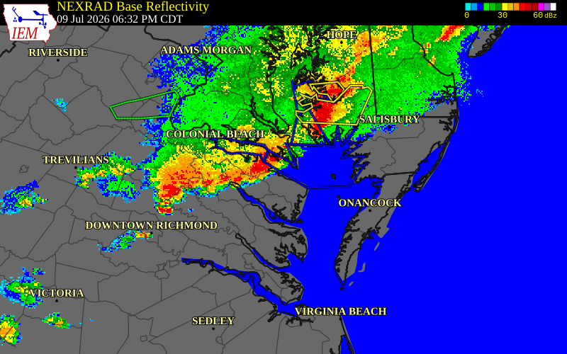 NEXRAD radar during the Thursday, July 9, 2026 storm activity in Westmoreland County, Virginia