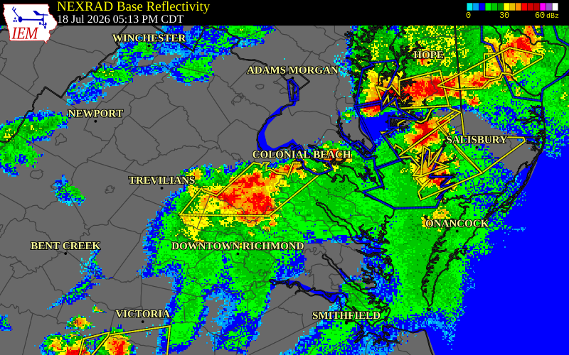 NEXRAD radar during the Saturday, July 18, 2026 storm activity in Westmoreland County, Virginia