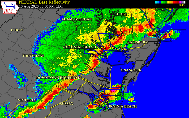 NEXRAD radar during the Monday, August 10, 2026 storm activity in Westmoreland County, Virginia