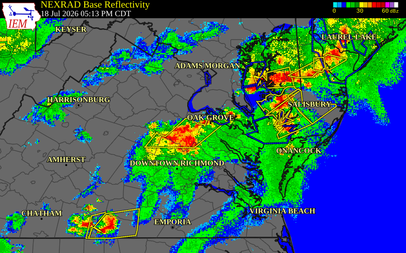 Radar snapshot during the Jul 18, 2026 wind event near Westmoreland County, Westmoreland County, Virginia, with NWS warning polygons
