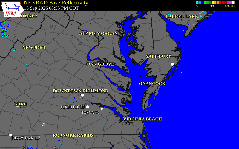 Current NEXRAD radar over Westmoreland County, Virginia with recent storm report locations