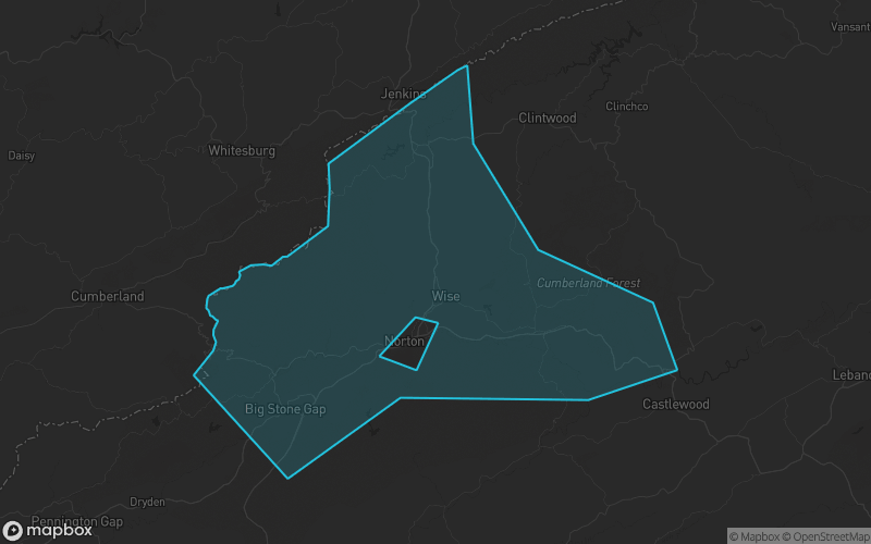 Map of Wise County, Virginia showing the county boundary and surrounding cities