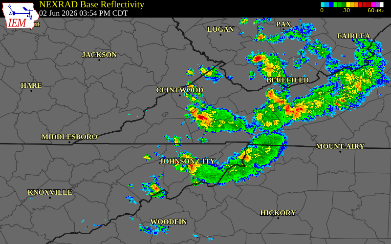 NEXRAD radar during the Tuesday, June 2, 2026 storm activity in Wise County, Virginia