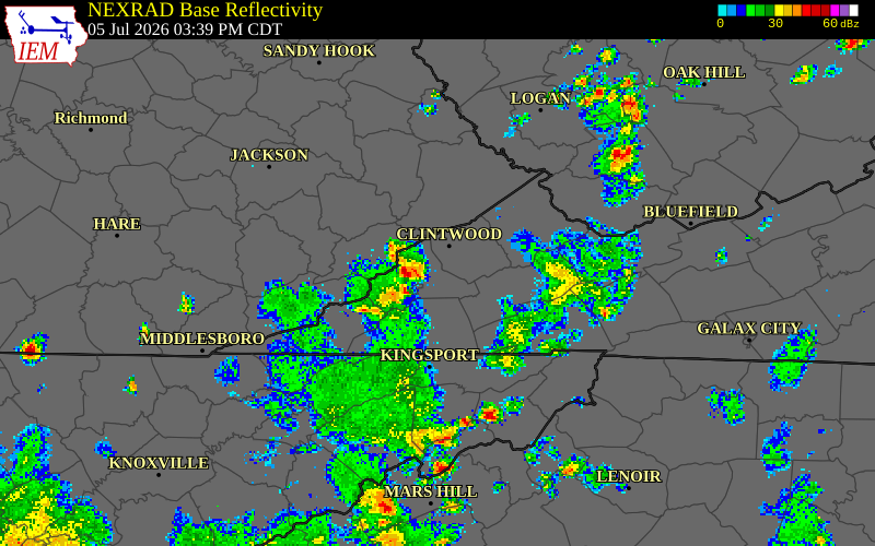 NEXRAD radar during the Sunday, July 5, 2026 storm activity in Wise County, Virginia