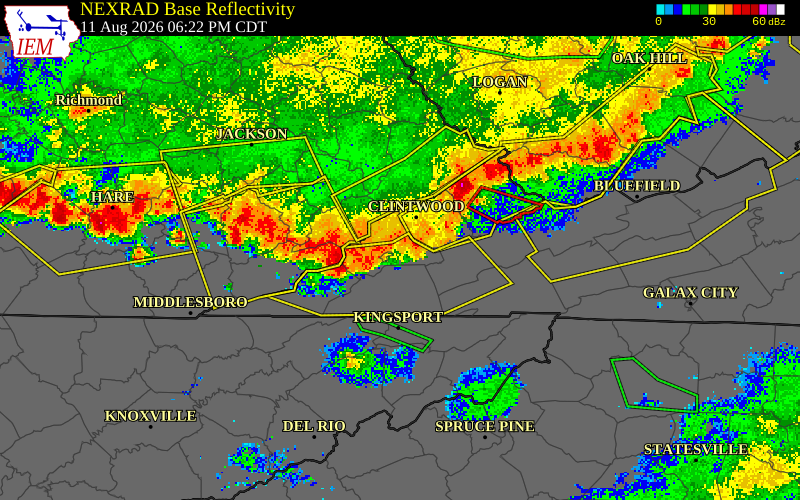 NEXRAD radar during the Tuesday, August 11, 2026 storm activity in Wise County, Virginia