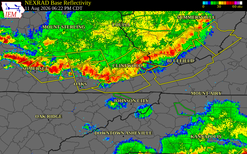 Radar snapshot during the Aug 11, 2026 wind event near 2 E Wise, Wise County, Virginia, with NWS warning polygons