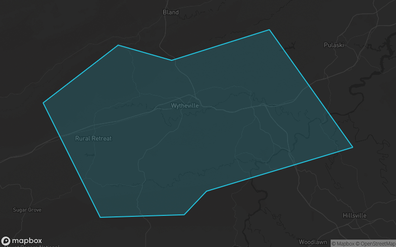 Map of Wythe County, Virginia showing the county boundary and surrounding cities