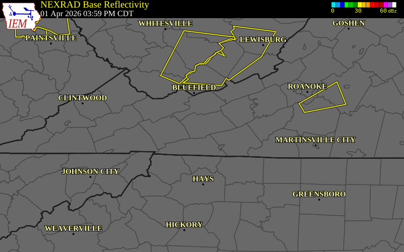 NEXRAD radar during the Wednesday, April 1, 2026 storm activity in Wythe County, Virginia