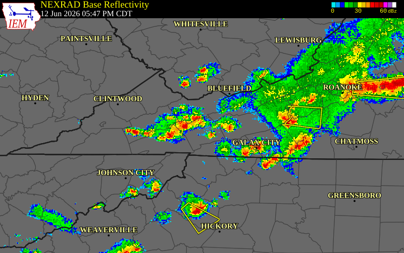 NEXRAD radar during the Friday, June 12, 2026 storm activity in Wythe County, Virginia
