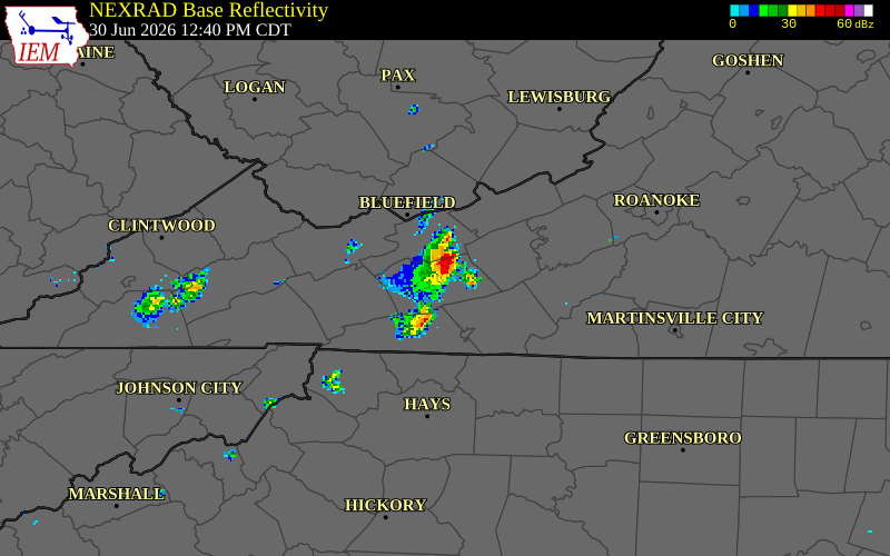 NEXRAD radar during the Tuesday, June 30, 2026 storm activity in Wythe County, Virginia